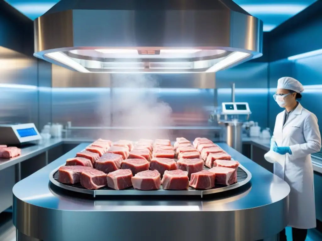 Un laboratorio futurista con carne cultivada en la cultura, científicos supervisando el proceso con tecnología de vanguardia