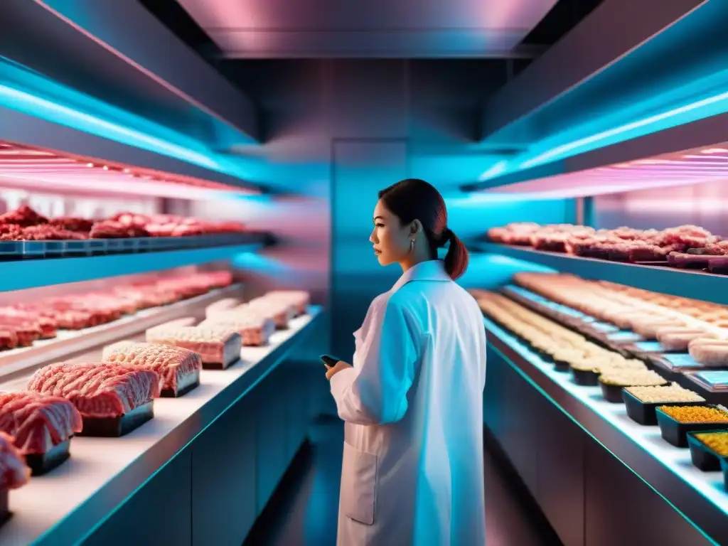 Un laboratorio futurista con científicos examinando bandejas de carne cultivada bajo luces de neón, tecnología avanzada y datos en pantallas digitales