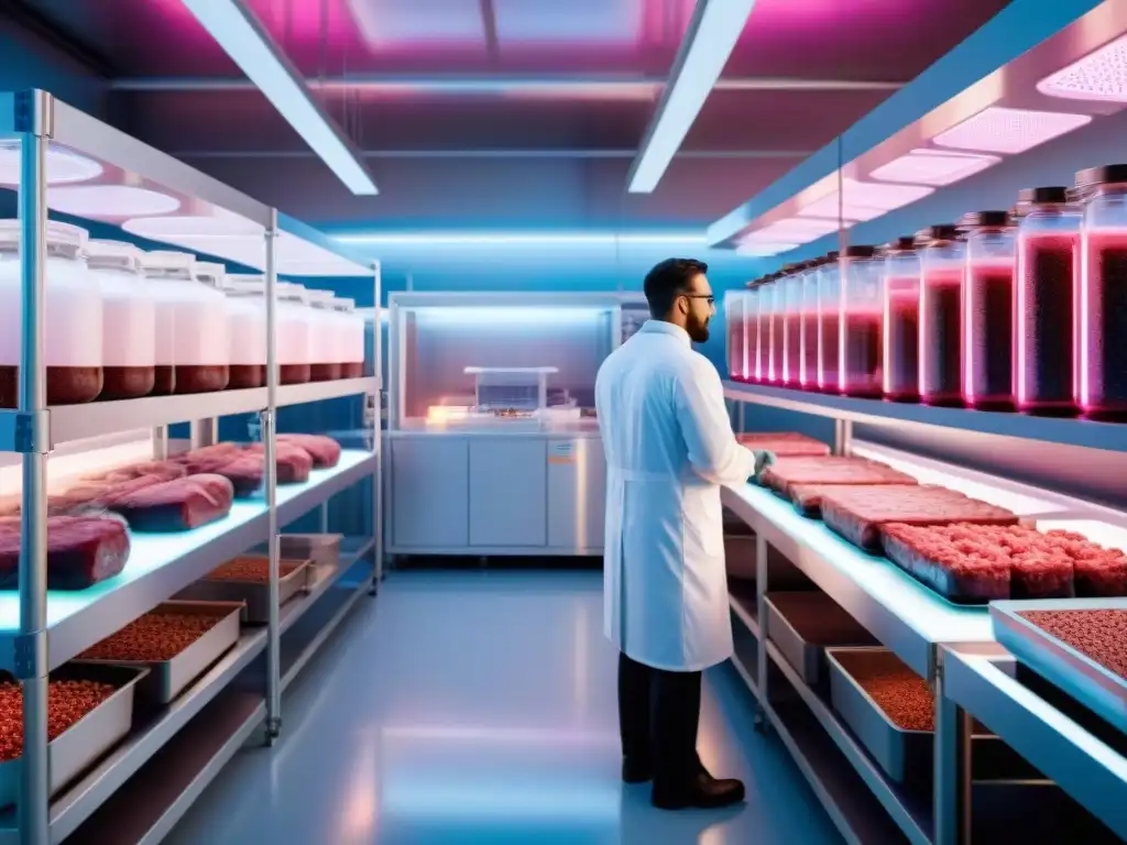 Un laboratorio futurista donde científicos cultivan carne en bioreactores, resaltando la tecnología y beneficios de la carne cultivada salud