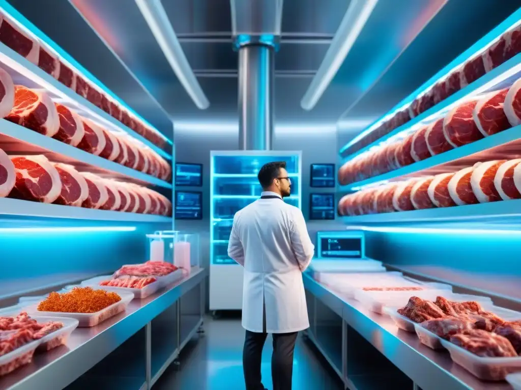 Laboratorio futurista con científicos monitoreando carne cultivada en bioreactores, destacando la innovación de la carne cultivada como cambio de paradigma