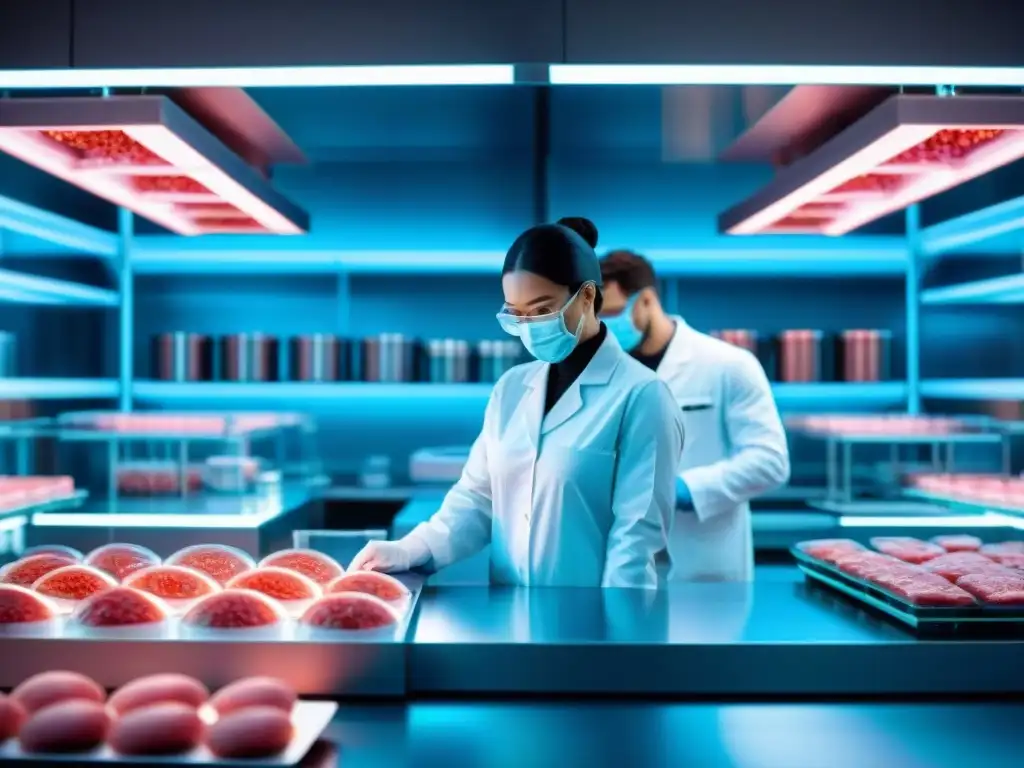 Un laboratorio futurista con científicos examinando carne cultivada en la cultura bajo luces estériles brillantes