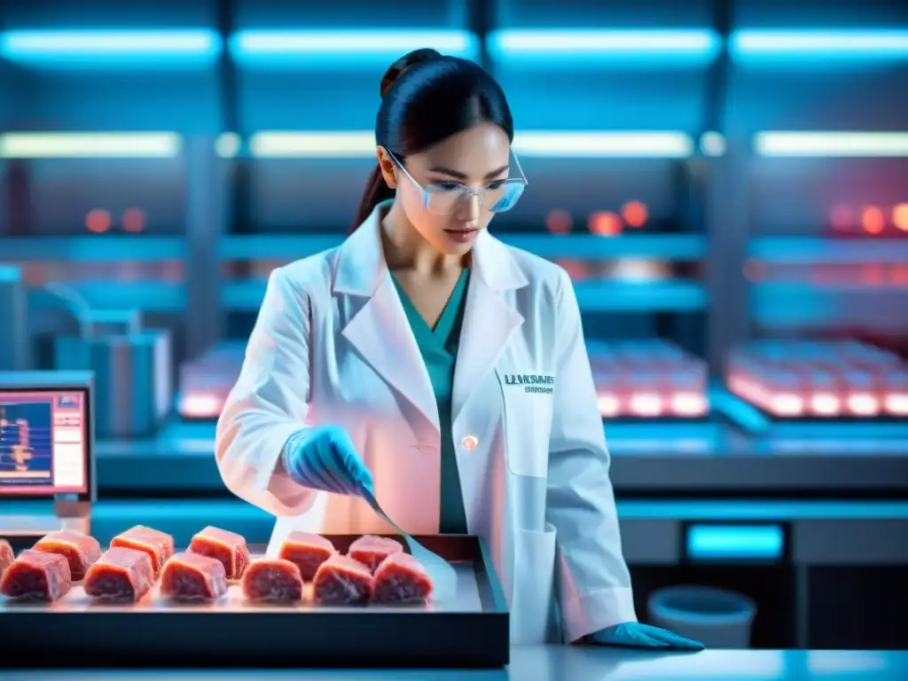 Un laboratorio futurista donde científicos cultivan carne en probetas, con tecnología de vanguardia