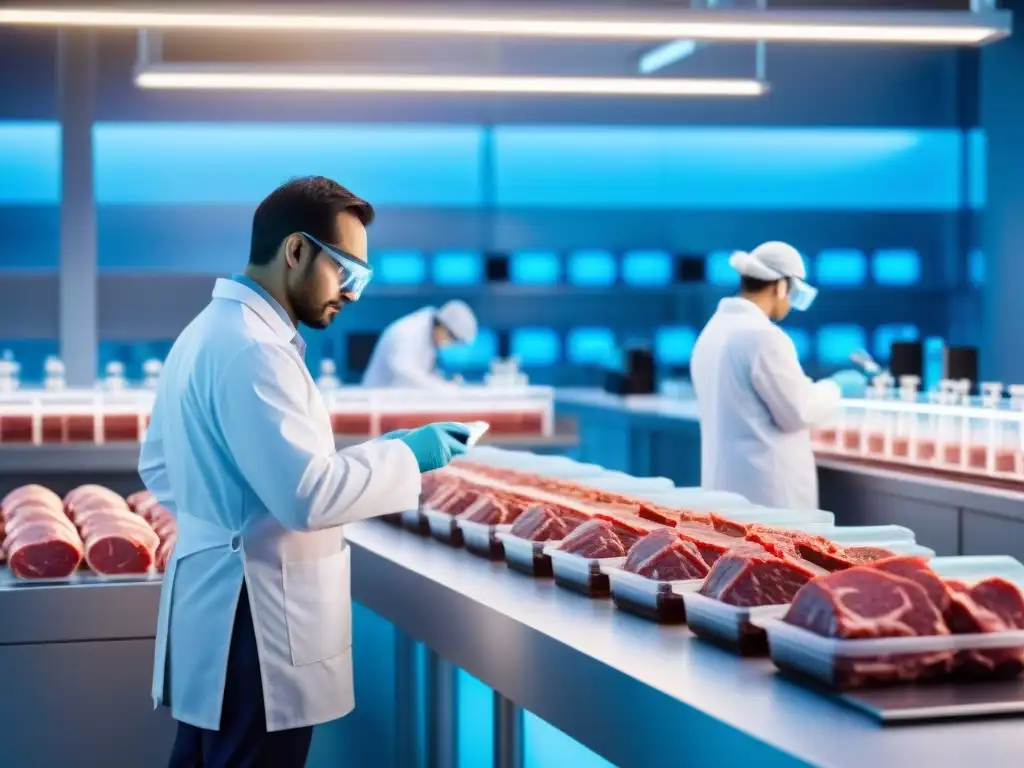 Un laboratorio futurista con científicos cultivando carne en placas de Petri bajo microscopios avanzados