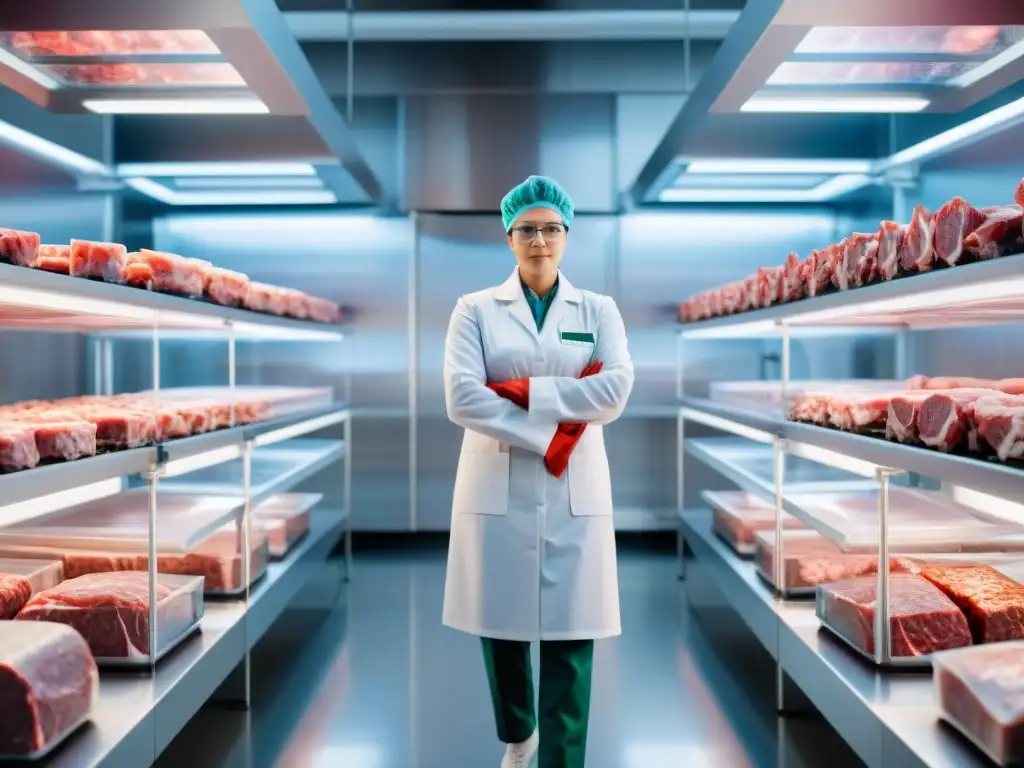 Un laboratorio futurista y sostenible produciendo Carne del mañana sostenible con tecnología avanzada y científicos monitoreando el proceso