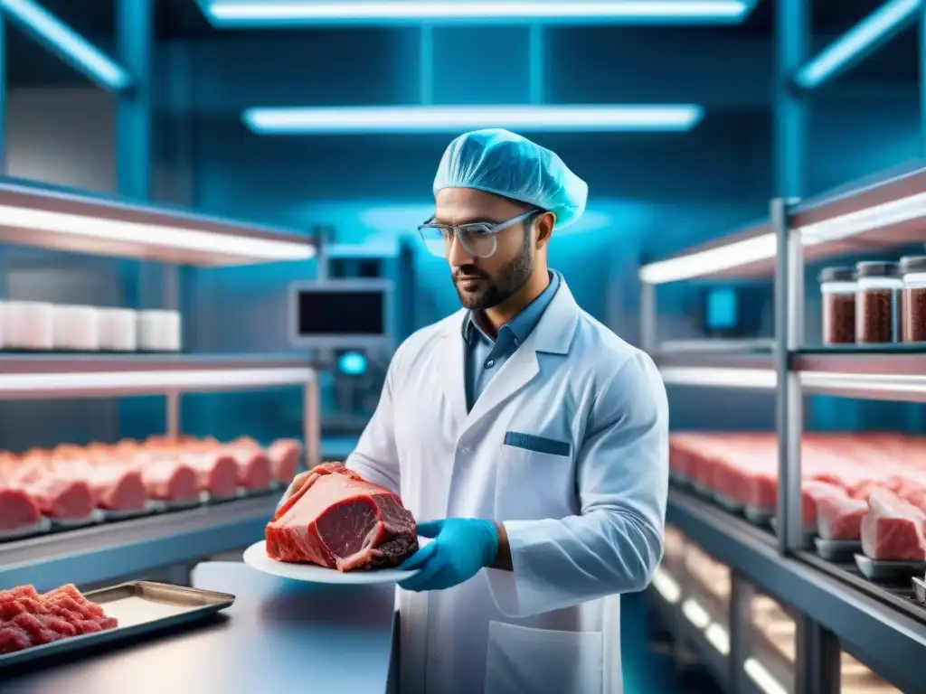 Un laboratorio futurista con tecnología avanzada cultivando carne en bioreactores