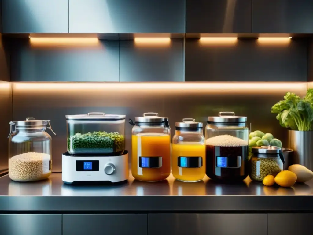 Un laboratorio de fermentación futurista con utensilios para fermentación de alimentos