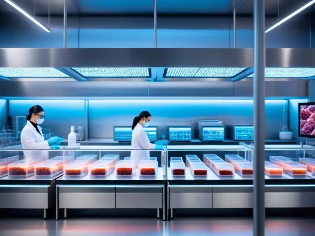 Un laboratorio de vanguardia cultivando carne en placas de Petri, con científicos y equipos futuristas