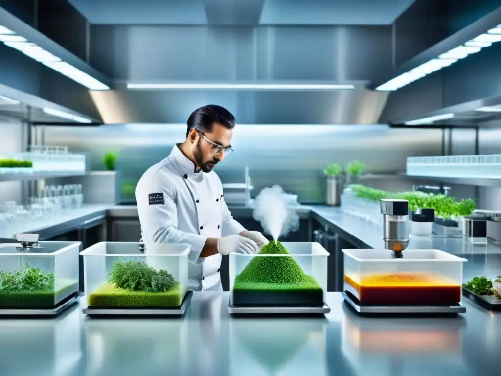 Lab de Gastronomía Molecular: Innovación y Sabores Intensos Un laboratorio de gastronomía molecular de vanguardia, donde se maximizan sabores de hierbas con técnicas modernas