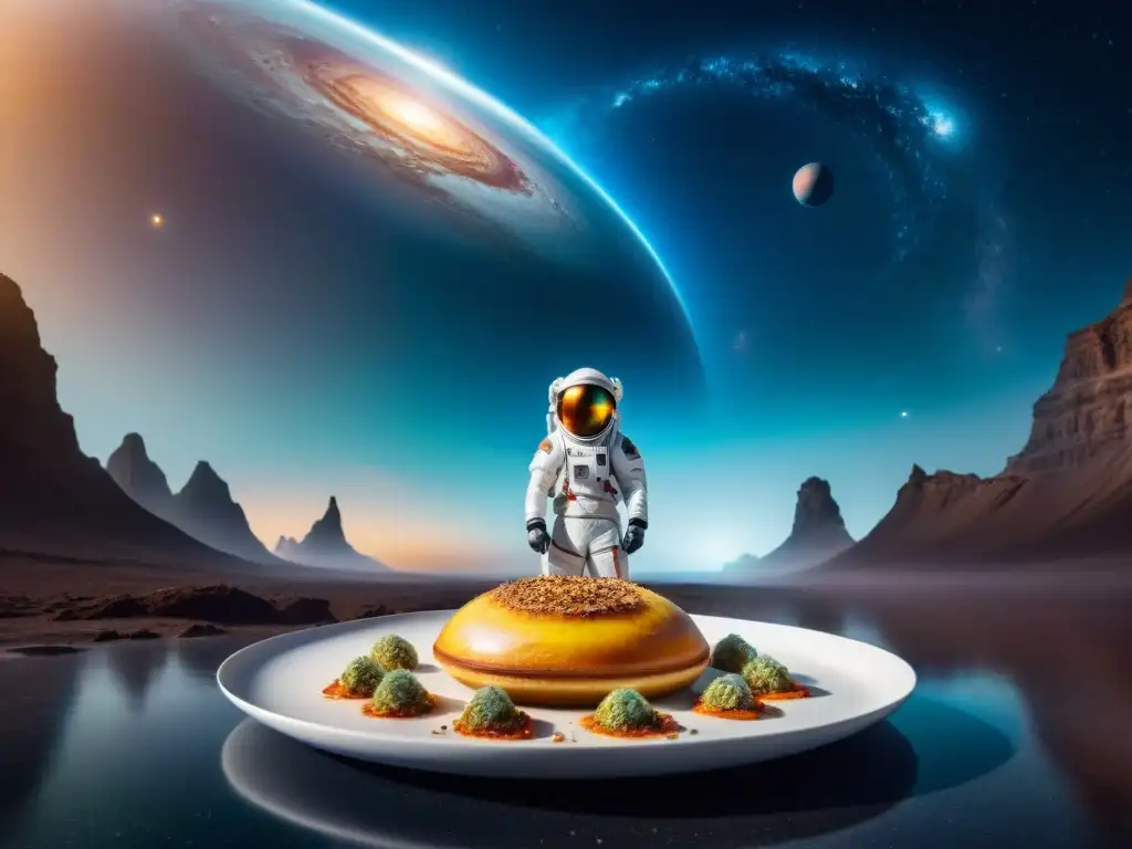 Langostinos del Espacio Profundo gourmet servidos en un planeta alienígena vibrante, junto a una nave espacial futurista y galaxias en el cielo