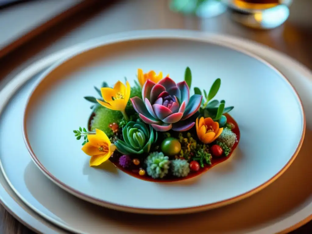 Langostinos del Espacio Profundo gourmet presentados con elegancia en un plato moderno, rodeados de detalles y luces suaves