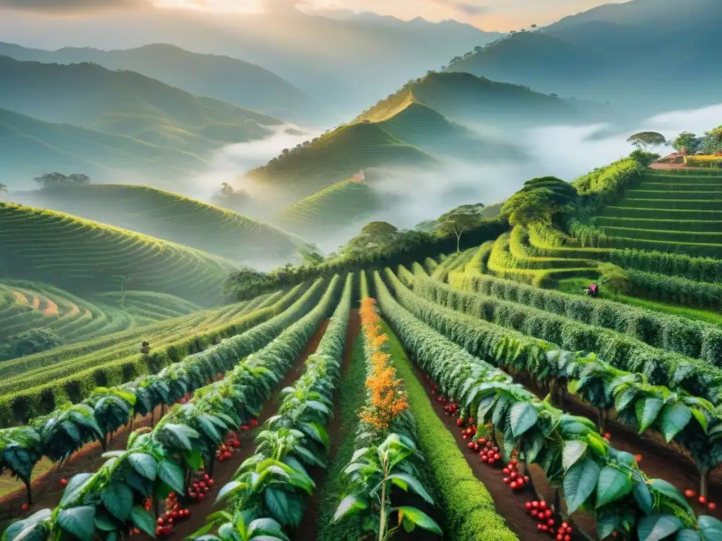 Amanecer en plantación de café en América Latina con recolectores y aves vibrantes