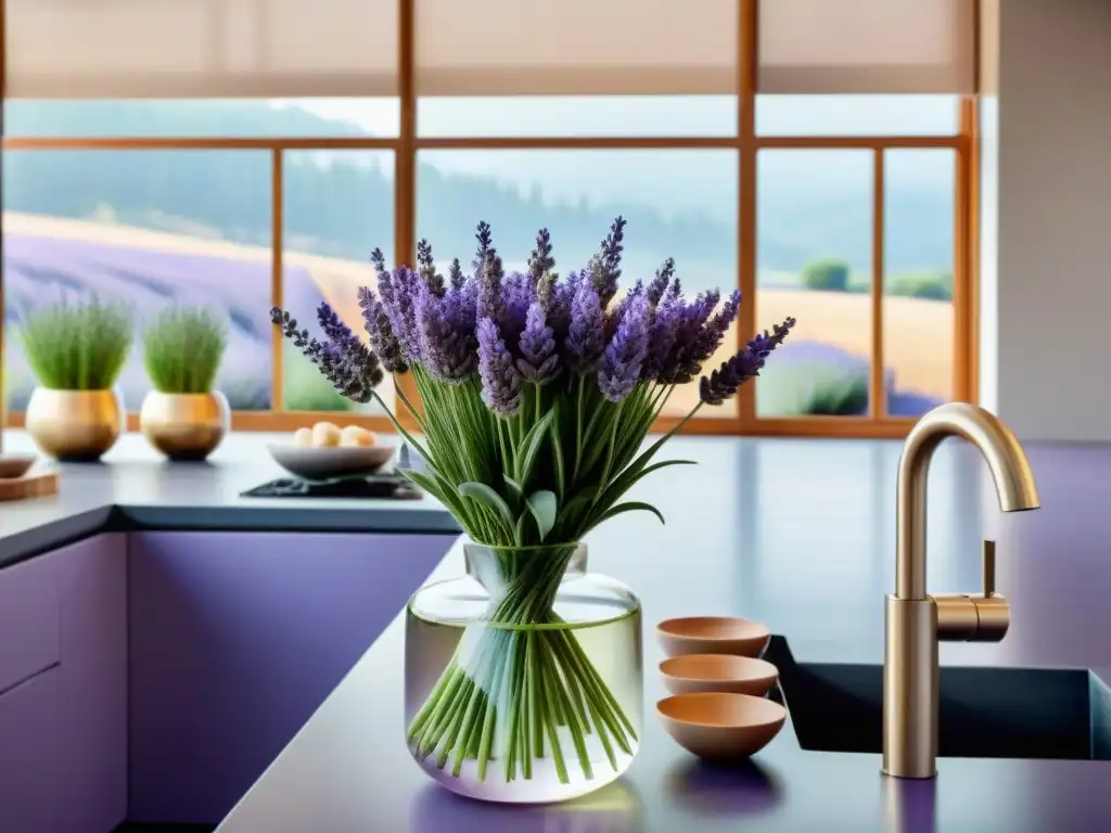 Lavanda en la cocina gourmet: sofisticación y elegancia en un espacio moderno con toques naturales y luminosos