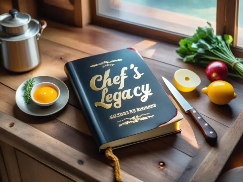 Un libro de cocina en una encimera de madera, titulado 'Legado del Chef', con anotaciones manuscritas y salpicaduras de ingredientes coloridos