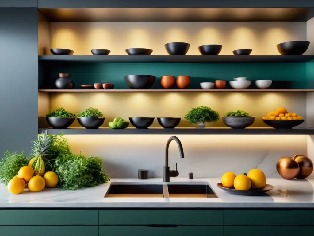Libros de chefs renombrados en una cocina gourmet de lujo, con estantes iluminados y portadas coloridas de fotografía tentadora