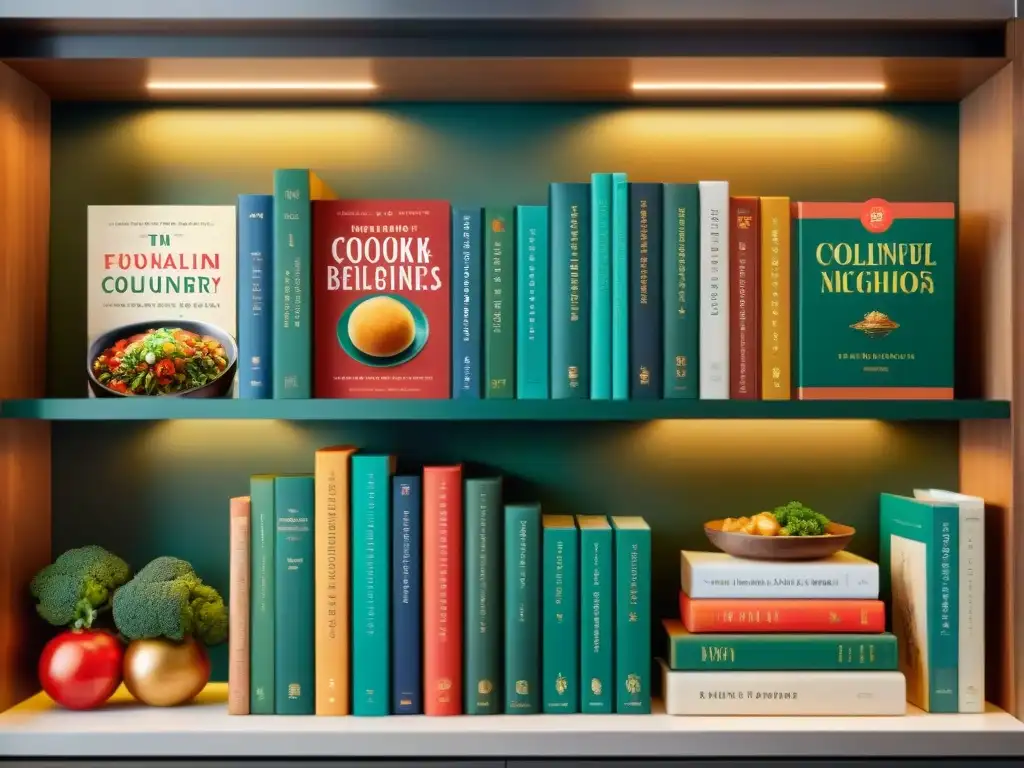 Libros de cocina de chefs famosos y gourmet brillan en estantería curada con detalles realistas