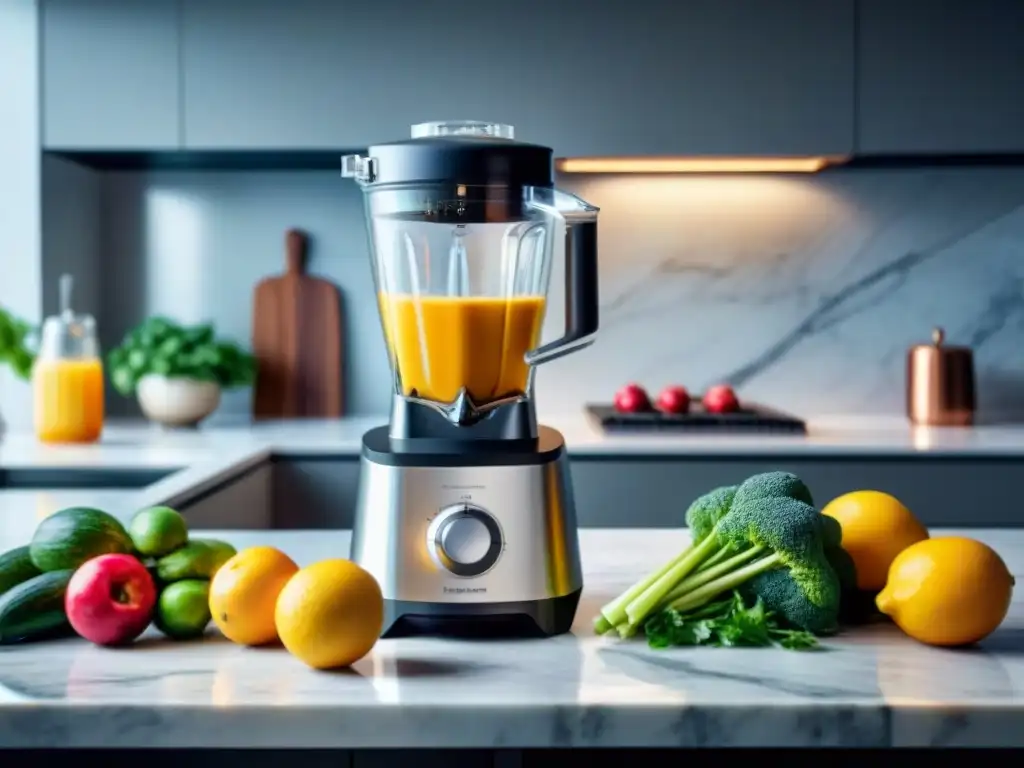 Una licuadora de alto rendimiento en una cocina lujosa y elegante, rodeada de frutas frescas y vegetales vibrantes