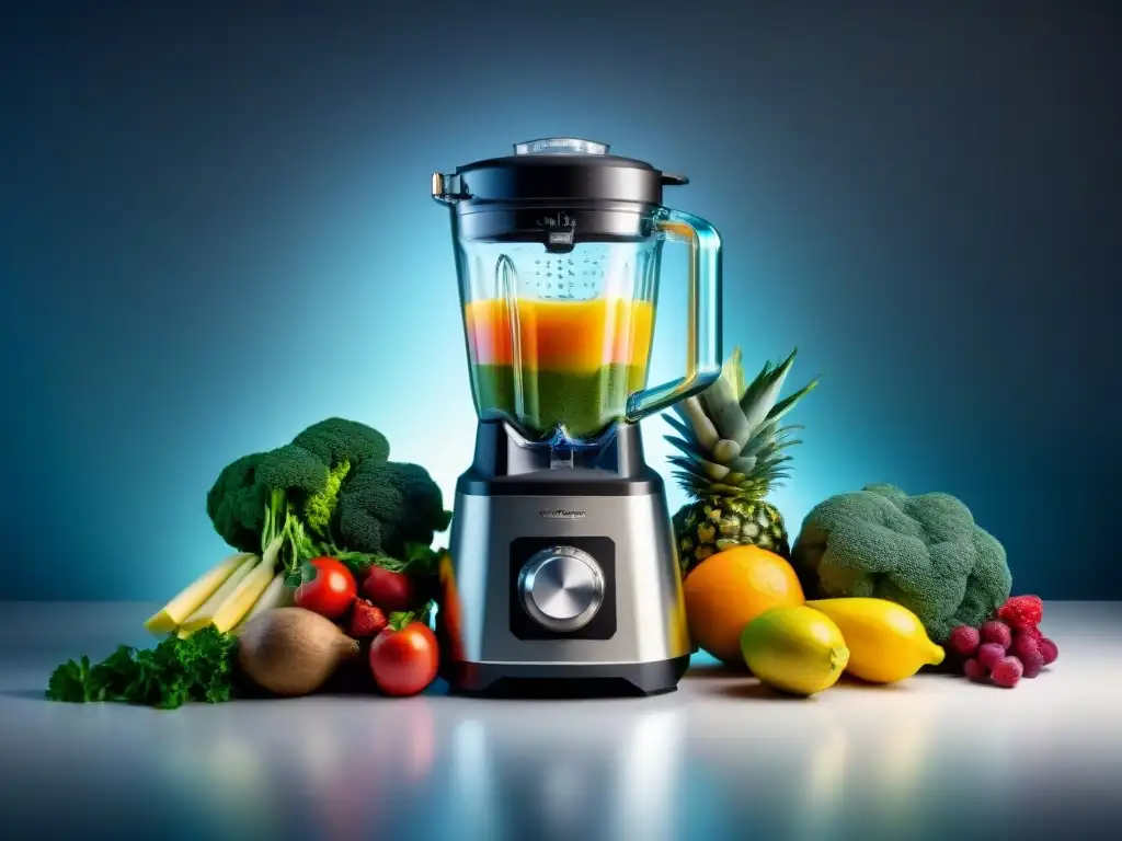 Una licuadora de alto rendimiento con frutas y verduras frescas, creando smoothies perfectos