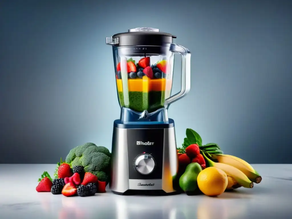 Una licuadora de alto rendimiento llena de frutas y verduras frescas, ideal para smoothies perfectos