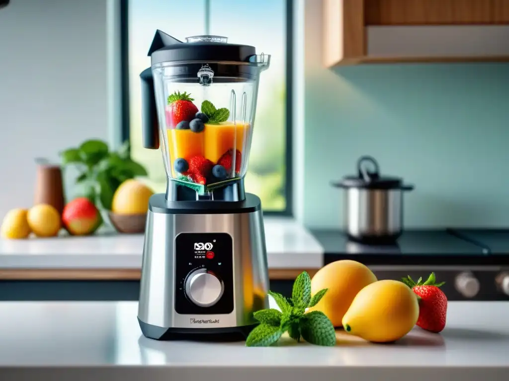 Una licuadora de alto rendimiento en negro mate, repleta de frutas frescas y semillas, lista para preparar smoothies perfectos