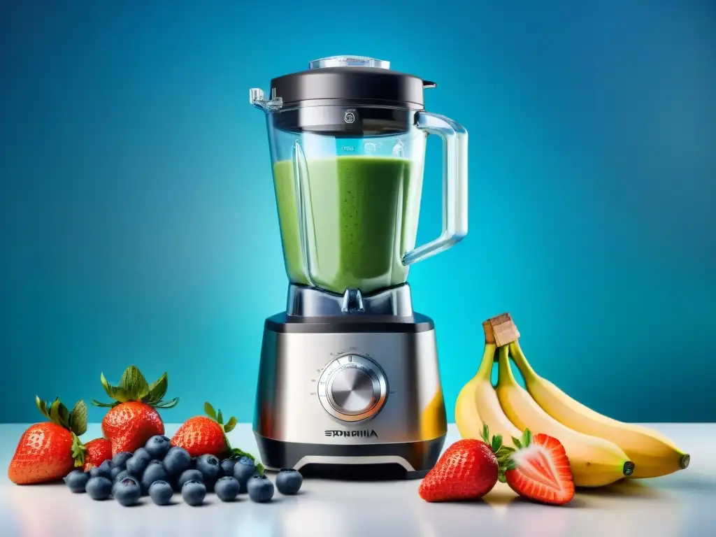 Una licuadora de alto rendimiento plateada mezcla smoothies perfectos con frutas frescas y superalimentos en una cocina moderna y luminosa