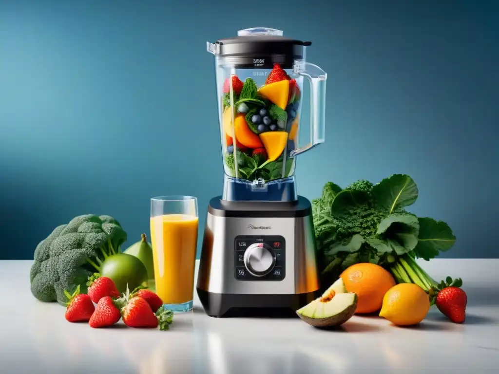 Una licuadora de alto rendimiento rodeada de frutas y verduras frescas, listas para smoothies perfectos