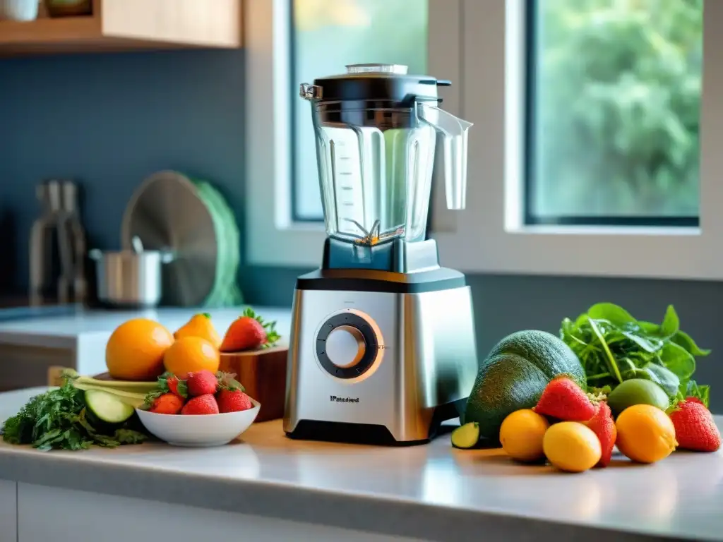 Una licuadora de alto rendimiento rodeada de frutas frescas para smoothies perfectos en una cocina luminosa