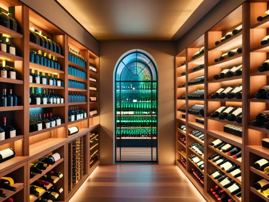 Exclusiva bodega de vinos: lujo y sofisticación Un rincón de lujo con cajas de suscripción vinos exclusivos, botellas de vino premium y elegantes estantes de madera iluminados suavemente