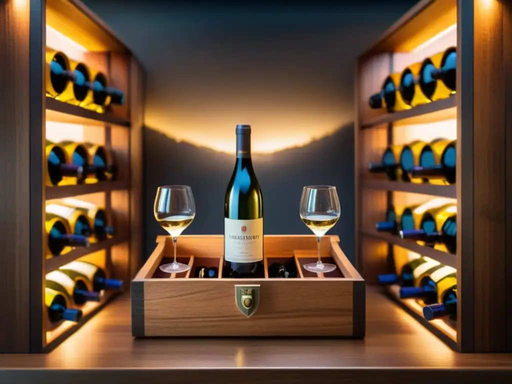 Exclusiva caja de vino con accesorios gourmet en bodega elegante Una lujosa caja de madera para vino gourmet con accesorios, en una bodega elegante