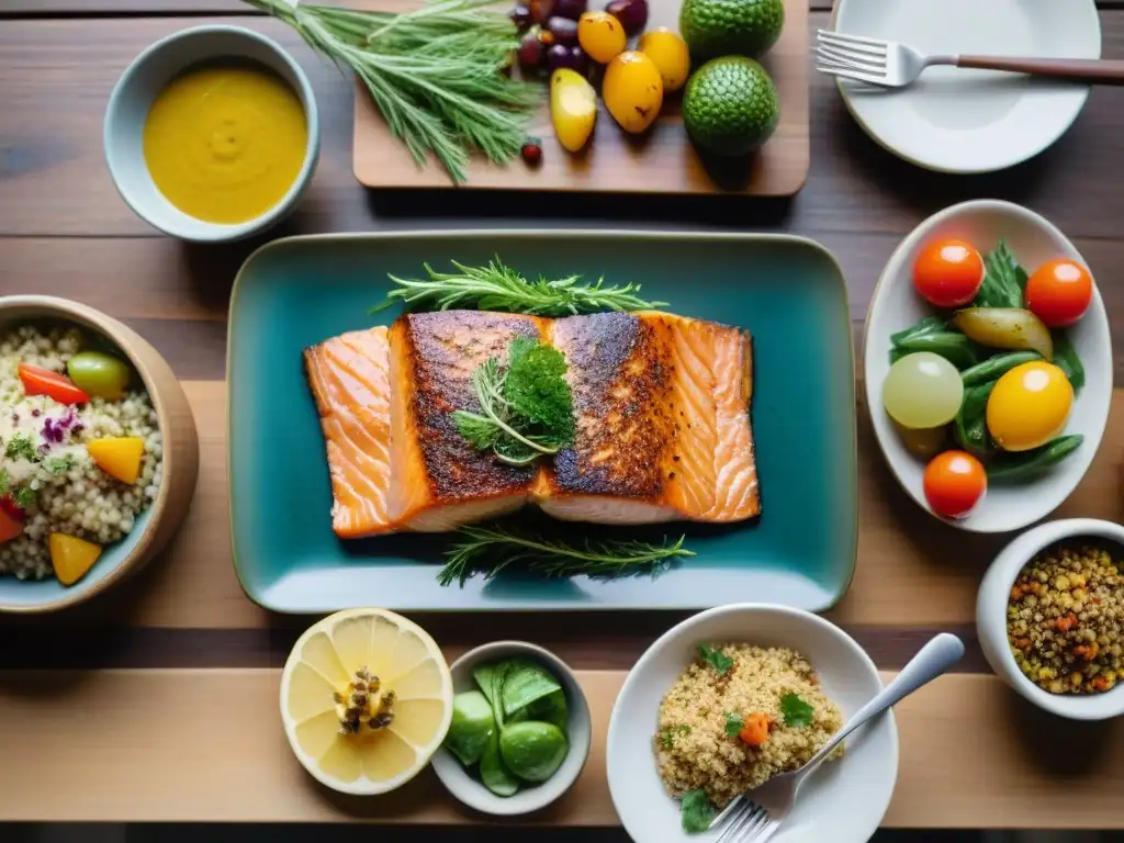 Una lujosa comida gourmet baja en FODMAPs en mesa de madera, con platos coloridos y apetitosos