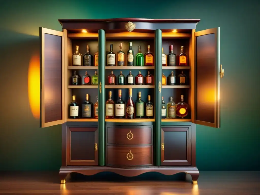 Gabinete de licores exóticos: lujo y sofisticación Una lujosa y exótica cava de licores repleta de botellas únicas y coloridas