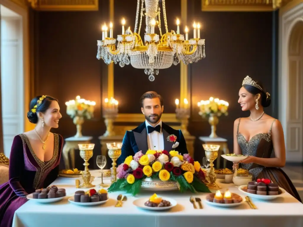 Una lujosa mesa de banquete en un palacio europeo, repleta de postres de chocolate decorados con oro y rodeada de nobles elegantes conversando, en una escena de esplendor aristocrático y decadencia culinaria