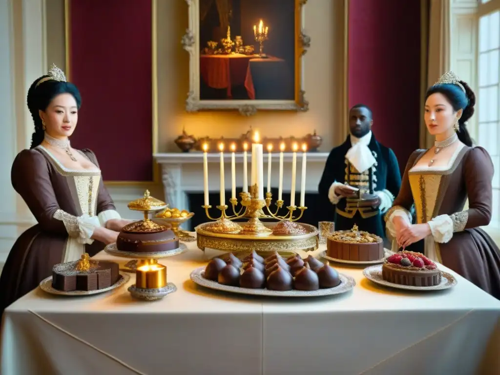 Una lujosa mesa de banquete del siglo XVIII con esculturas de chocolate y postres, en una detallada pintura al óleo