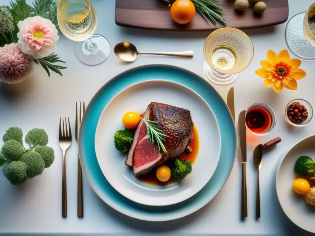 Una lujosa mesa de comedor con platos de carne cultivada para gourmet, rodeada de elegancia y sofisticación