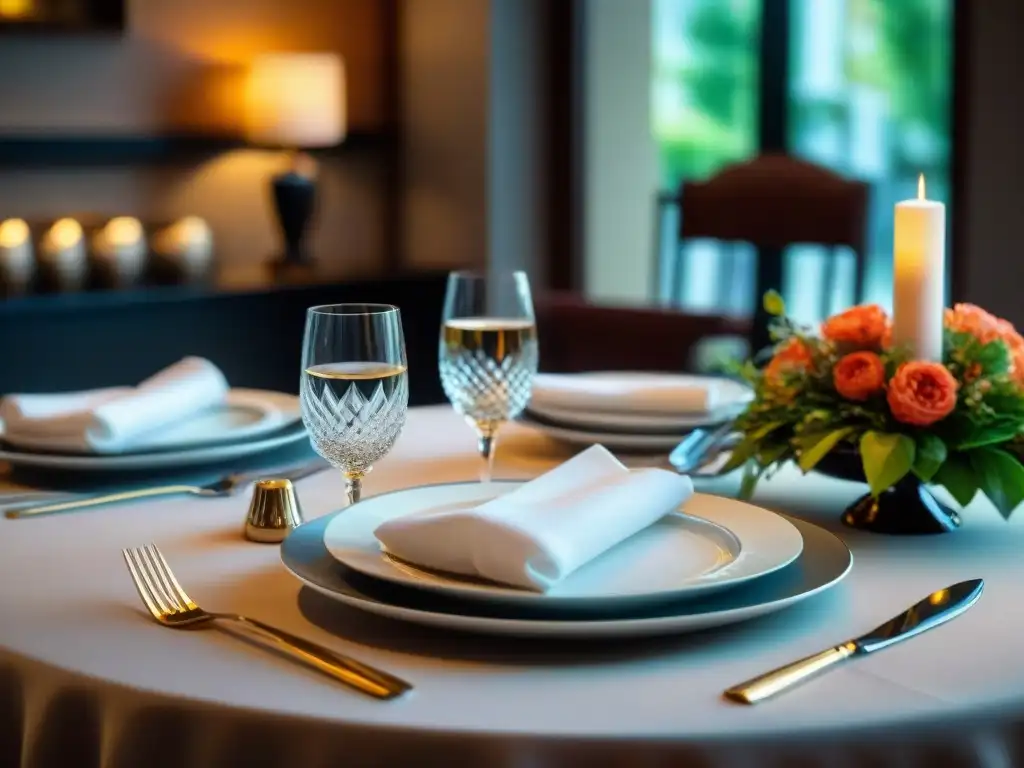 Una lujosa mesa de comedor en un restaurante gourmet, con Textiles de Mesa para Gourmet, vajilla fina y elegante decoración floral