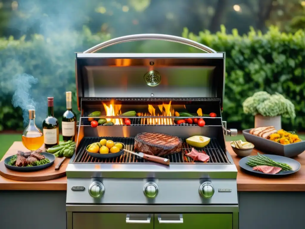 Una lujosa parrilla al aire libre rodeada de ingredientes premium, bañada por la cálida luz del sol