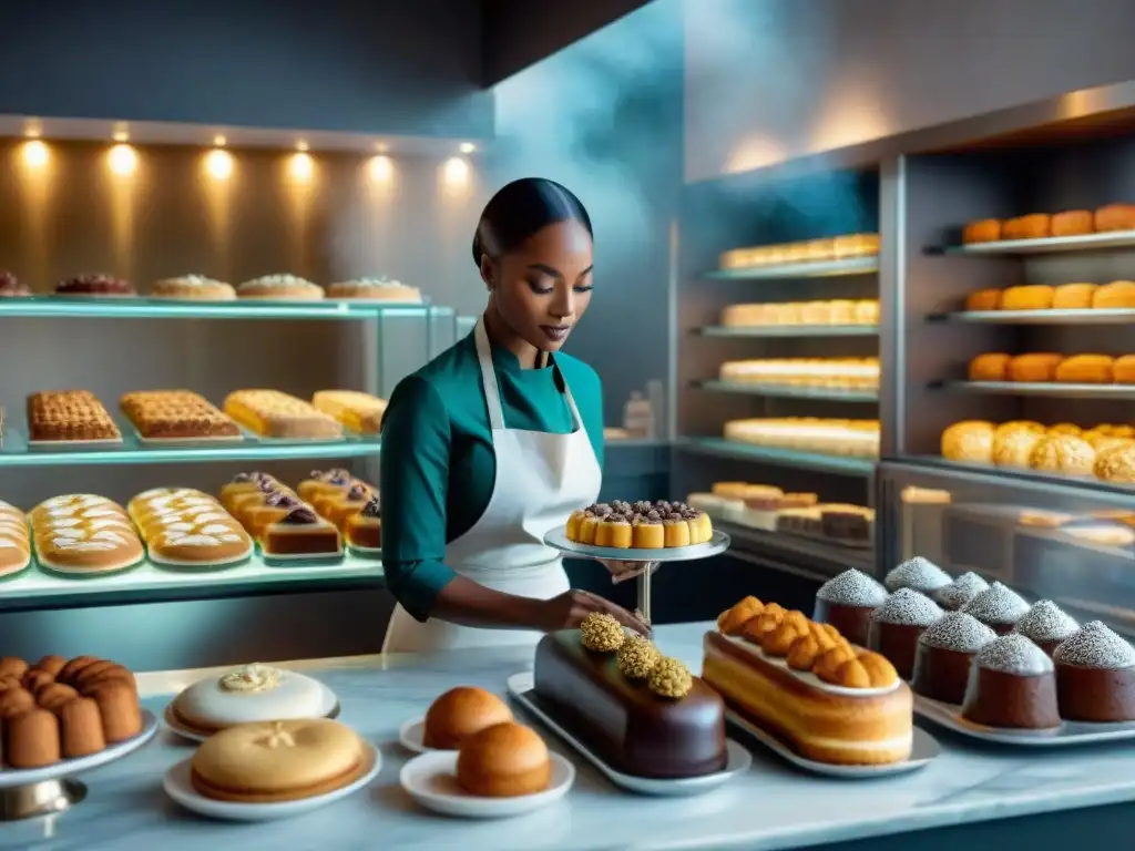 Una lujosa pastelería moderna con repostería gourmet de especias africanas, deleitando a los clientes con exquisiteces y colores vibrantes