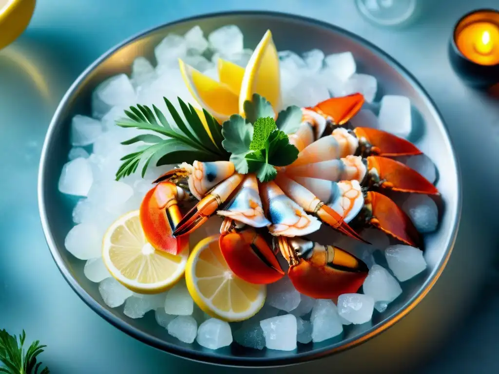 Una lujosa presentación de mariscos exóticos en un plato plateado sobre hielo triturado