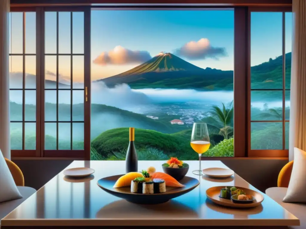 Una lujosa suite de hotel fusionando culturas con cocina gourmet y vista tropical