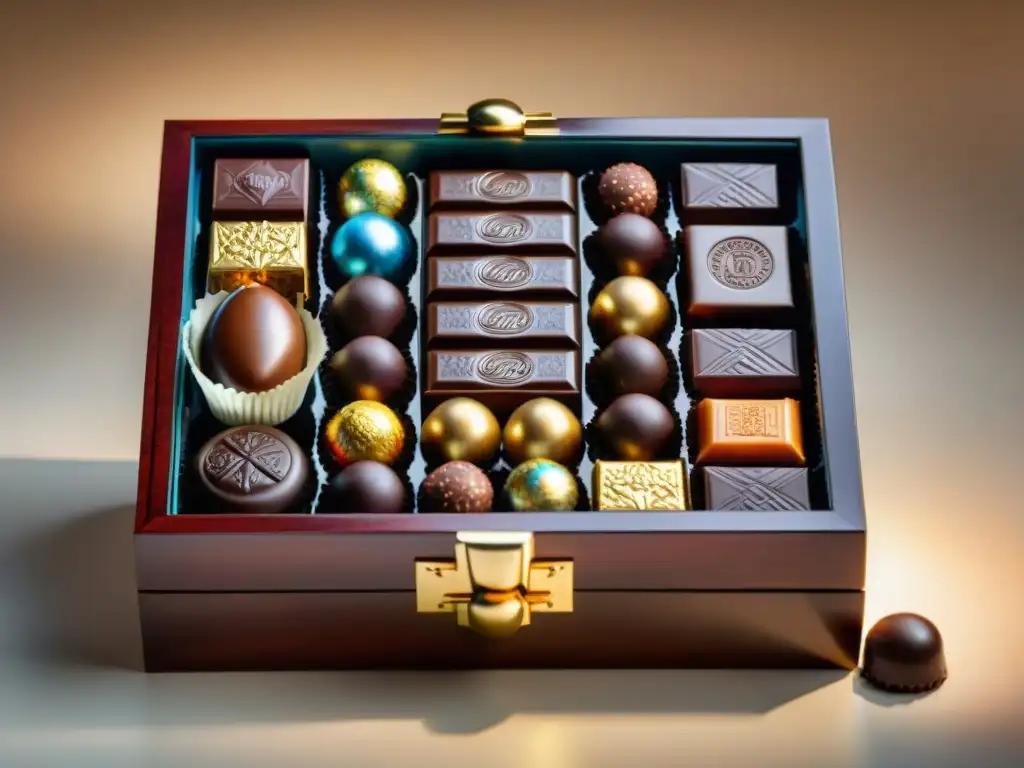 Diseño lujoso de caja de madera con chocolates del Mundo Suscripción Global, exquisitos y diversamente decorados