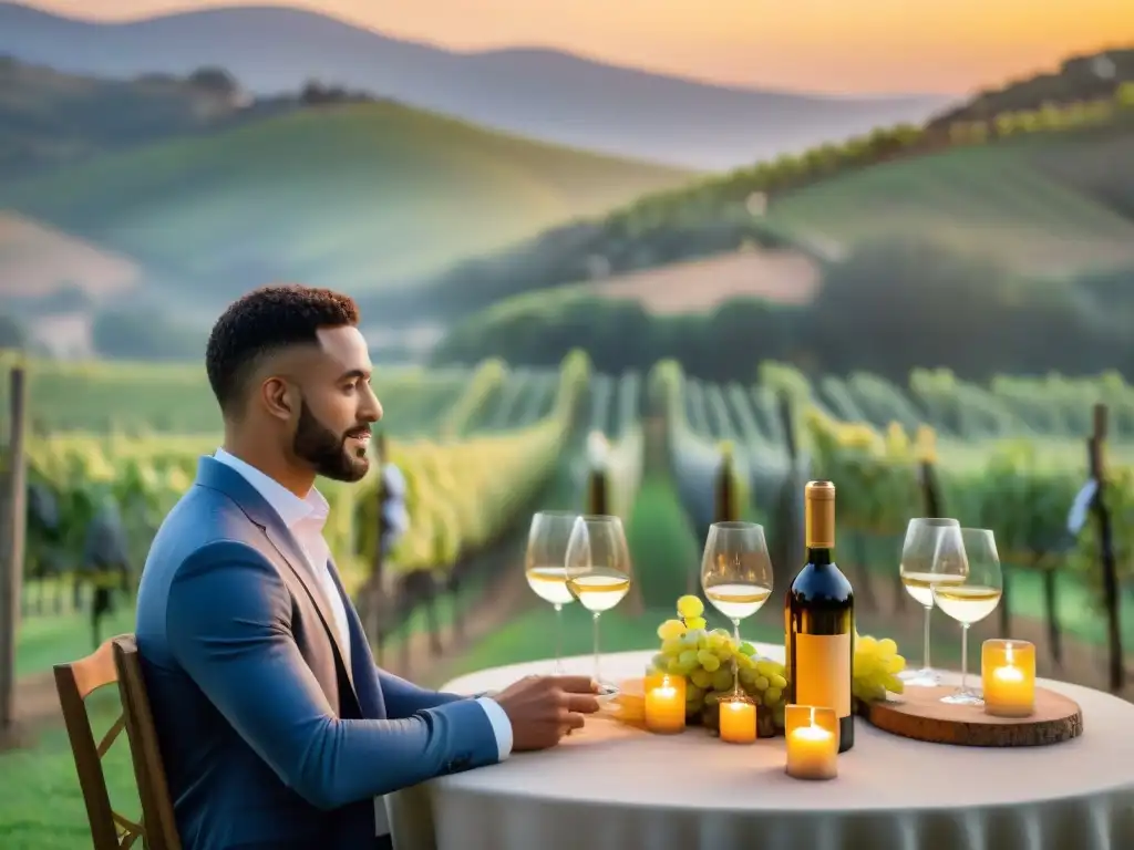 Un lujoso evento de cata de vinos en un viñedo al atardecer, con una mesa elegante y decoración sofisticada