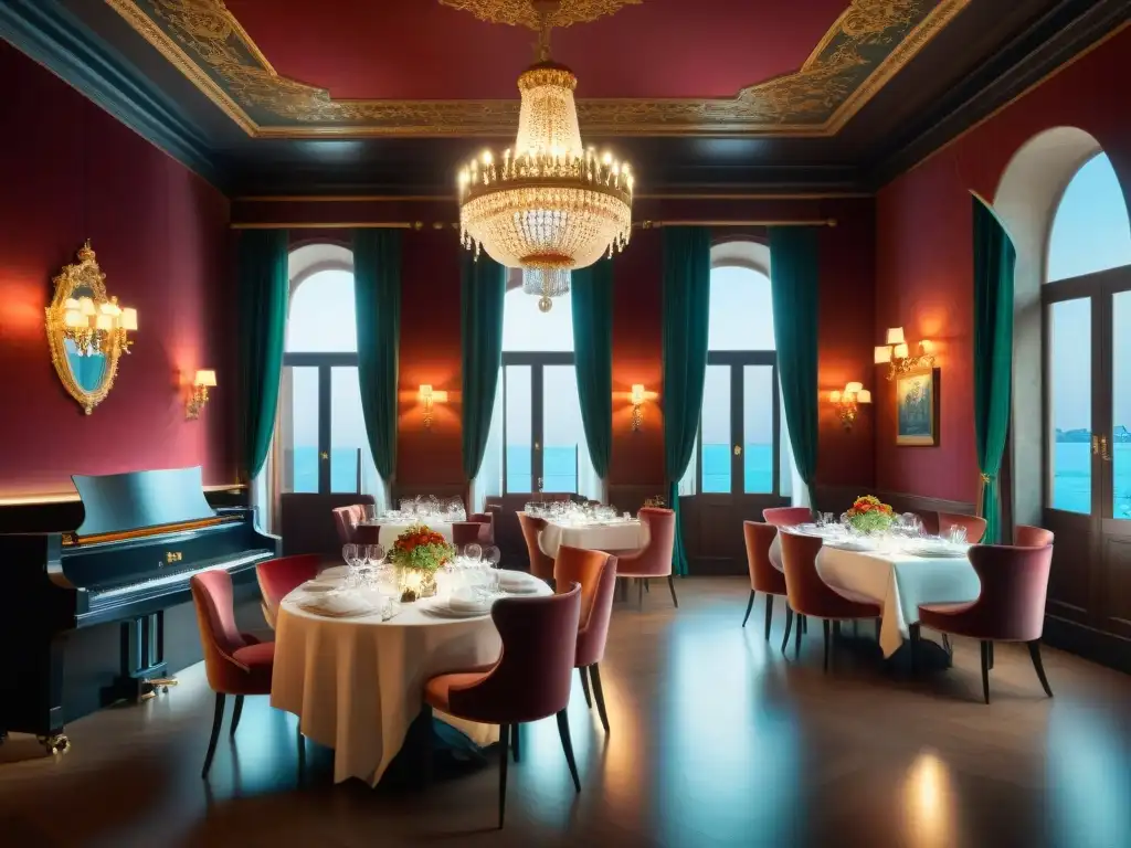 Un lujoso restaurante antiguo en Venecia, Italia, con decoración elegante y ambiente exclusivo