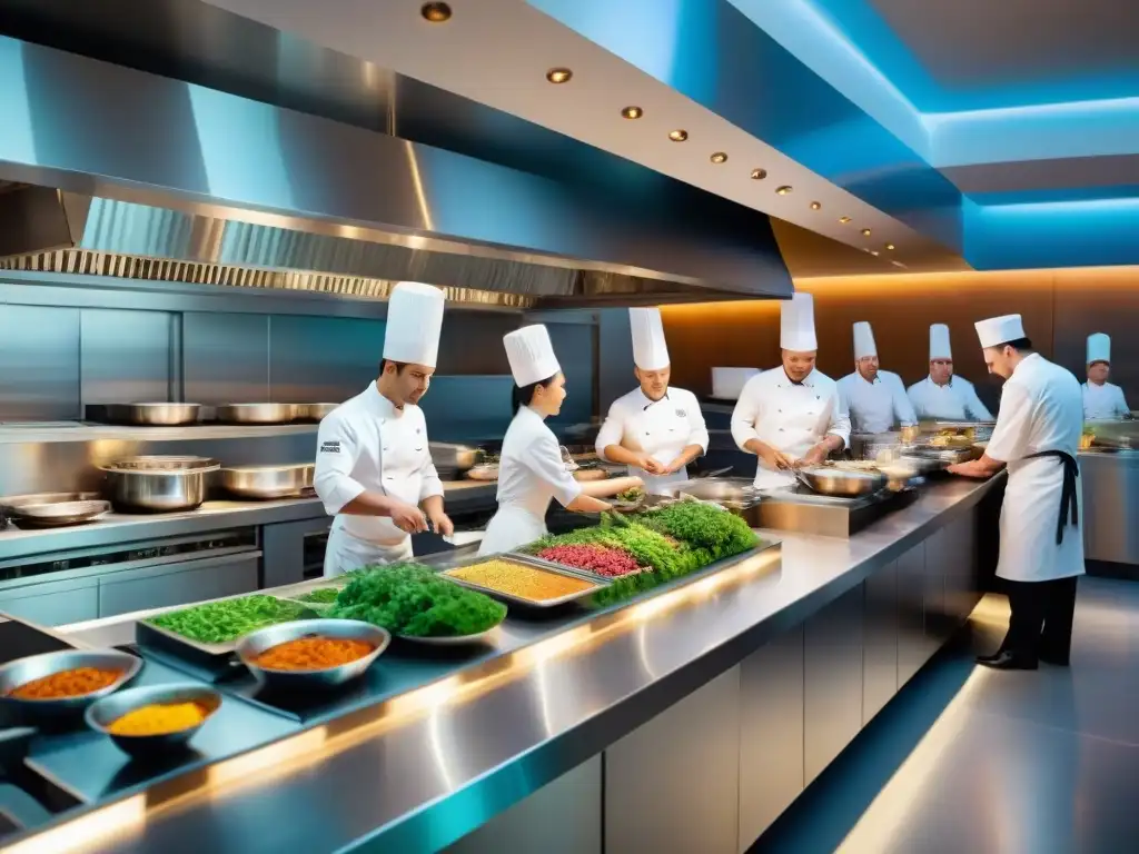 Un lujoso restaurante gourmet con chefs estrella preparando exquisitos platos en una cocina impecable