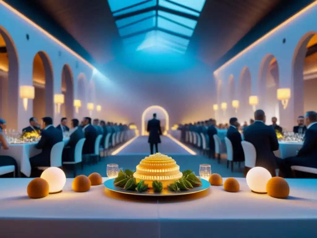 Un lujoso salón de banquetes futurista lleno de creaciones alimenticias de impresión 3D, rodeado de asistentes impresionados