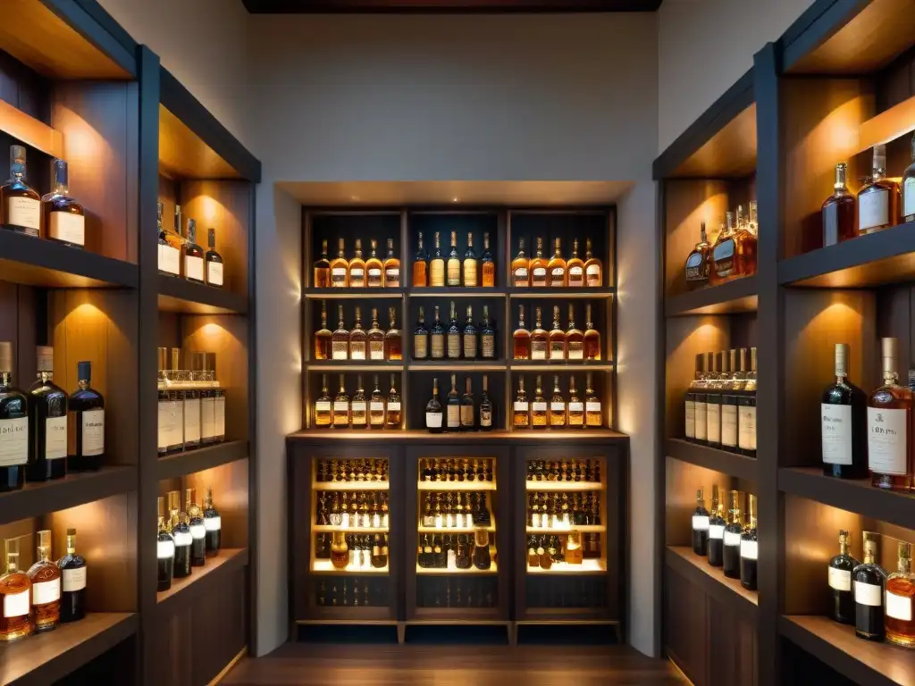 Un lujoso sótano de whisky con secretos: barriles de roble, botellas de whisky single malt y una atmósfera profunda y cálida