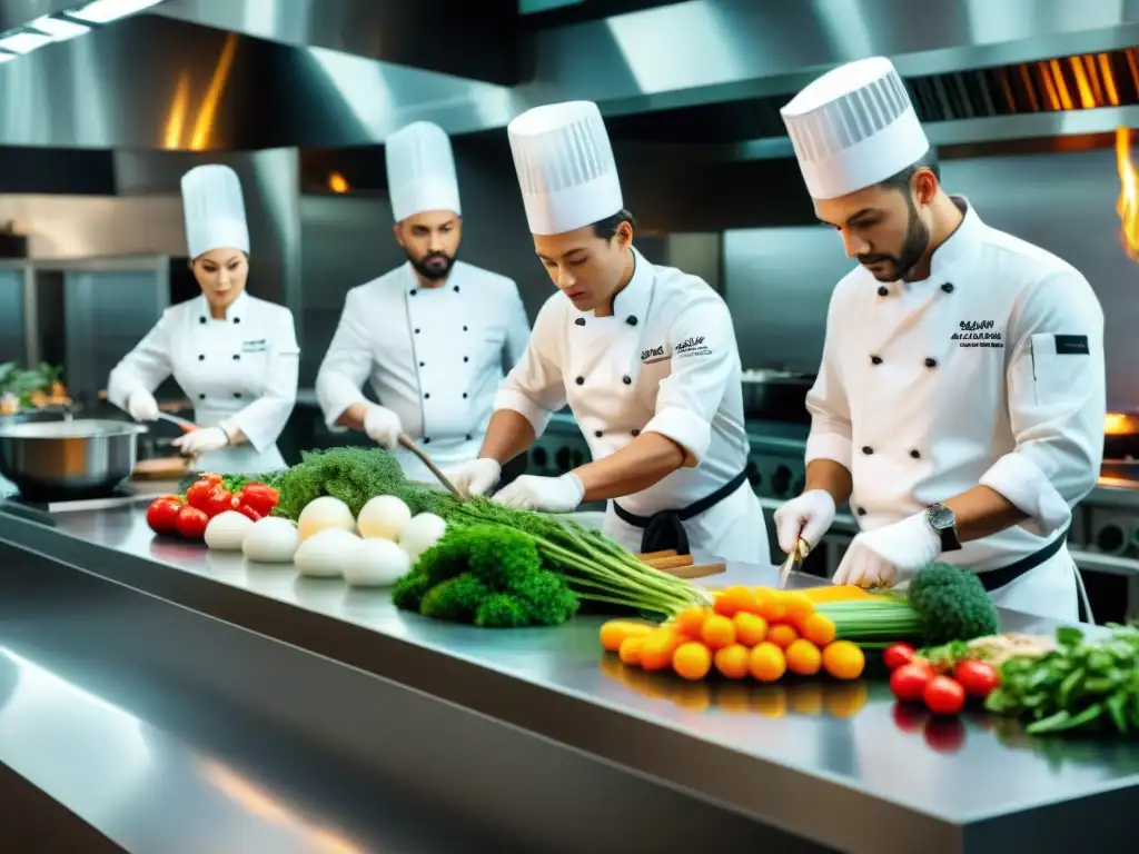 Un lujoso taller de cocina de hotel con chefs trabajando en armonía, creando platos exquisitos con ingredientes frescos