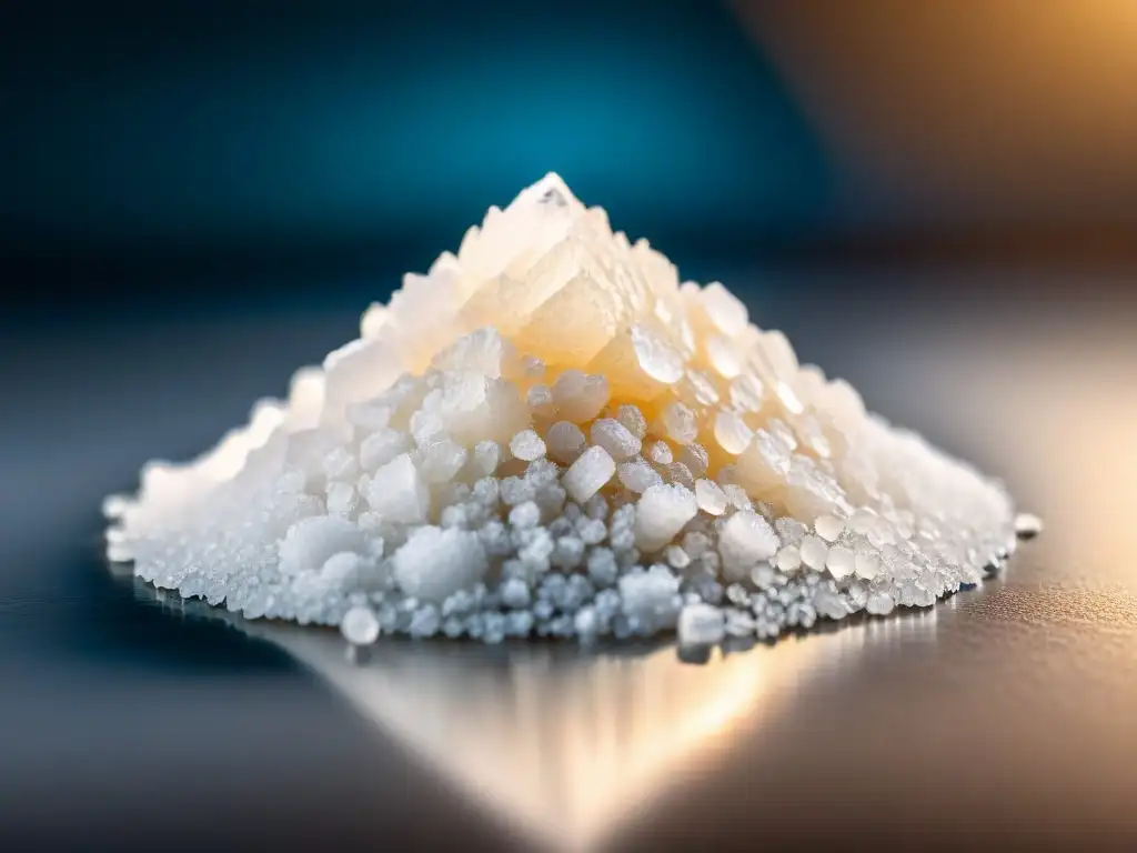 Fotografía macro de un cristal de sal marina, revelando su belleza cristalina en detalle asombroso