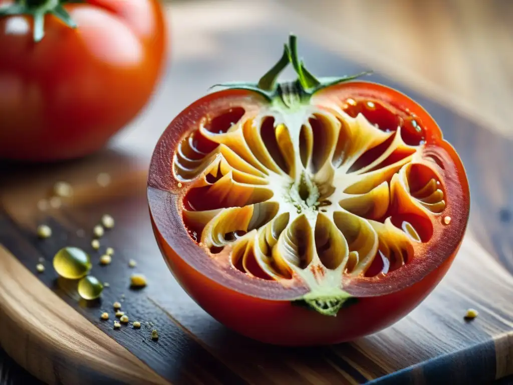 Fotografía macro de un tomate rojo maduro rebanado en un tablero de madera, con gotas de agua brillantes
