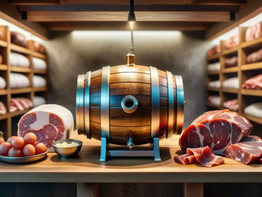 Barrel de madera con carnes curadas en salmuera, en bodega rústica