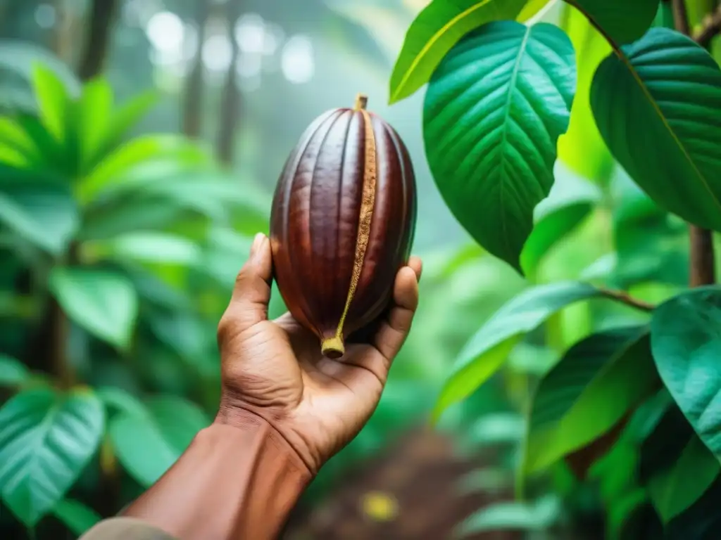 Un maestro artesano selecciona cacao gourmet, revelando el proceso detallado en una plantación exuberante