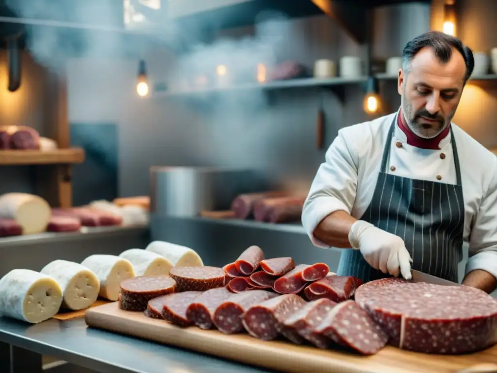 Un maestro artesano en una charcutería tradicional elaborando embutidos fermentados gourmet con dedicación y maestría